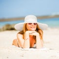 Sexual happy blond girl with sunglasses and white Royalty Free Stock Photo