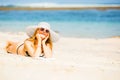 Sexual happy blond girl with sunglasses and white