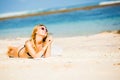 Sexual happy blond girl with sunglasses and white Royalty Free Stock Photo