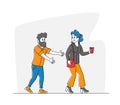 Sexual Harassment, Assault, Exaction Concept. Pretty Young Woman Walk with Cup of Coffee, Grinning Man with Lustful Face