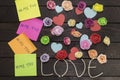 Sexual harassment concept. Top view of Me too message written in colorful note papers on a love knoted background