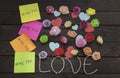 Sexual harassment concept. Top view of Me too message written in colorful stickers on a love knoted background