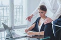 sexual harassment at work, office woman employee and her lustful boss Royalty Free Stock Photo