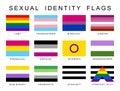 Sexual identity pride flags set, LGBT symbols. Flag gender sexe gay, transgender, bisexual, lesbian and others. Vector