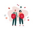 Sexual transmitted disease concept. Vector flat healthcare character illustration. Couple of man and woman with shield STD