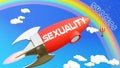 Sexuality lead to achieving success in business and life. Cartoon rocket labeled with text Sexuality, flying high in the blue sky