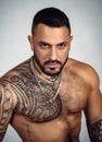 Sexy abs of tattoo man. male fashion. muscular macho man with athletic body. confidence charisma. sport fitness health Royalty Free Stock Photo