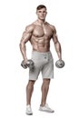 athletic man showing muscular body with dumbbells, full length, isolated over white background. Strong male naked torso abs