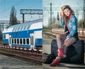 attractive girl with red head boots posing on the platform in railway station. Blonde woman in blue jeans jacket sitting