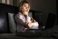 Sexy Attractive Young Woman Relaxing in Bed With Laptop Computer