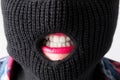 bandit girl, fat model in balaclava, Woman Plus Size in shirt posing topless on white background. XXL female in black mask w