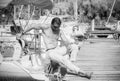 Man at yacht club, relax time Royalty Free Stock Photo