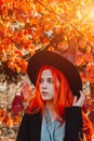 Sexy beautiful redhead girl with long hair. Perfect woman portrait on a background of yellow foliage. Gorgeous hair and deep blue Royalty Free Stock Photo