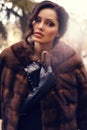 beautiful woman with dark hair in luxurious fur coat posing at park Royalty Free Stock Photo