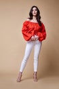 Sexy beautiful woman fashion glamour model brunette hair makeup wear silk blouse trousers clothes for every day casual party style Royalty Free Stock Photo