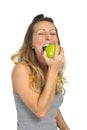 beautiful woman holding green apple fruit in healthy natural nutrition and fitness concept Royalty Free Stock Photo