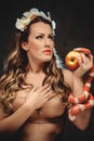 beautiful woman with red apple and snake Royalty Free Stock Photo