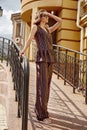 beautiful woman walk on the city street building fashion Royalty Free Stock Photo