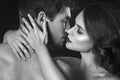 beauty couple. Kissing couple portrait. Sensual brunette woman in underwear with young lover, passionate couple