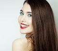 Beauty Girl with Red Lips and Nails. Provocative Make up. Luxury Woman with Blue Eyes. Fashion Brunette Portrait Royalty Free Stock Photo