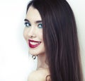 Sexy Beauty Girl with Red Lips and Nails. Provocative Make up. Luxury Woman with Blue Eyes. Fashion Brunette Portrait Royalty Free Stock Photo