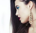 Sexy Beauty Girl with Red Lips and Nails. Provocative Make up. Luxury Woman with Blue Eyes. Fashion Brunette Portrait Royalty Free Stock Photo