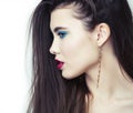 Sexy Beauty Girl with Red Lips and Nails. Provocative Make up. Luxury Woman with Blue Eyes. Fashion Brunette Portrait Royalty Free Stock Photo