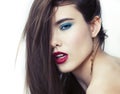 Sexy Beauty Girl with Red Lips and Nails. Provocative Make up. Luxury Woman with Blue Eyes. Fashion Brunette Portrait Royalty Free Stock Photo