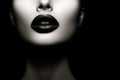 Sexy Beauty Lips, Makeup Detail. Closeup, copy space. Sensual Open Mouth. black and white background