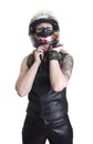 biker woman putting on helmet Royalty Free Stock Photo