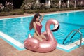 bikini girl model enjoying on inflatable giant pink flamingo pool float mattress in fashion swimwear. Attractive tanned woman Royalty Free Stock Photo