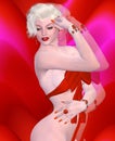 blonde bomb shell wearing a red bow dress against a red abstract background.