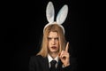 Sexy blonde girl with lace bunny ears. Sexy model dressed in costume Easter bunny. Beautiful young woman with bunny ears Royalty Free Stock Photo