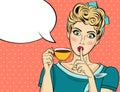 blonde pop art woman with coffee cup Royalty Free Stock Photo