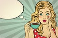 blonde pop art woman with coffee cup Royalty Free Stock Photo