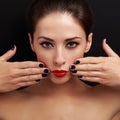 bright make-up woman with red lipstick and black nails polish Royalty Free Stock Photo