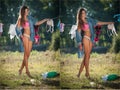 brunette woman in bikini and shirt putting clothes to dry in sun. Sensual young female with long legs putting out the washing Royalty Free Stock Photo