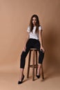 Sexy brunette. Young woman is sitting on bar stool. High stool. Girl brunette sits on a high bar stool Royalty Free Stock Photo