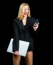 Sexy business woman. Beautiful and funny secretary working after hours. Businesswoman talking on phone make business Royalty Free Stock Photo