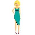 cartoon woman in party cocktail dress. Fashionable female in dressy blue outfit