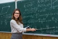 Sexy caucasian female teacher against blackboard with mathematical formulas in classroom Royalty Free Stock Photo