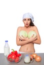 chef, big tits, cabbage. Royalty Free Stock Photo