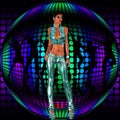 club girl stands before a retro disco dance ball