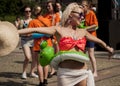 college girl with inflatable beach toy