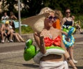 college girl with inflatable beach toy