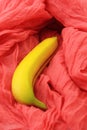 Sexy concept with banana on pink textile. Selective focus