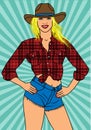Country Girl In Short Jean Shorts And Plaid Shirt. Vector Colorful Background In Pop Art Retro Comic Style.
