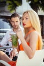 couple in love in cafe outdoor Royalty Free Stock Photo