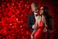 Couple Love, Man in Suit Woman Blindfold, Red Heart Royalty Free Stock Photo