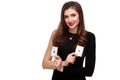 curly hair brunette posing with two aces cards in her hands, poker concept isolation on white background Royalty Free Stock Photo